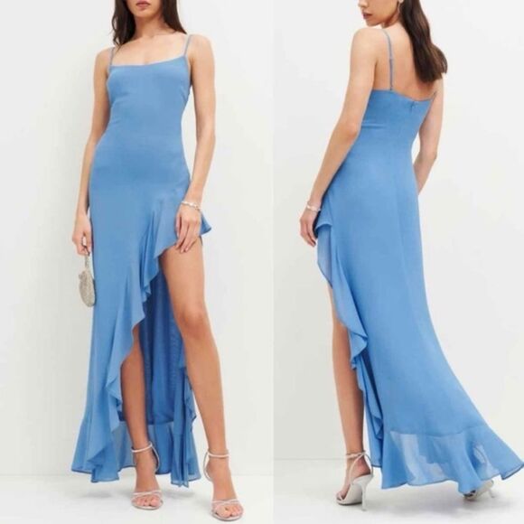 Reformation Winola Ruffle Side Slit Maxi Dress in Azure Blue Size XL NWT $378 - Picture 1 of 6